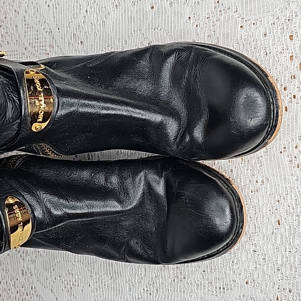 Michael Kors Fulton harness knee high black leather gold hardware riding boots 6 - Picture 2 of 9